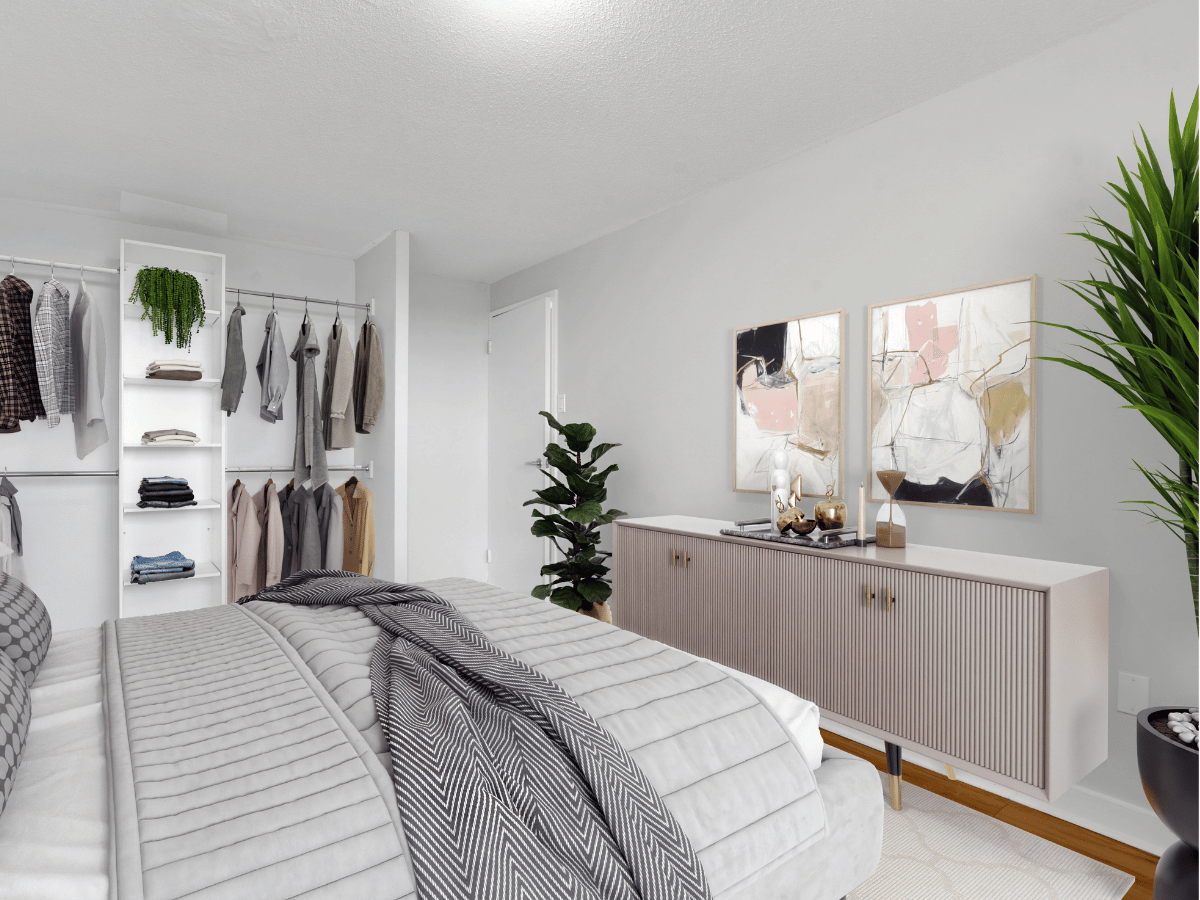 Virtually staged bedroom at Navaho Apartments.